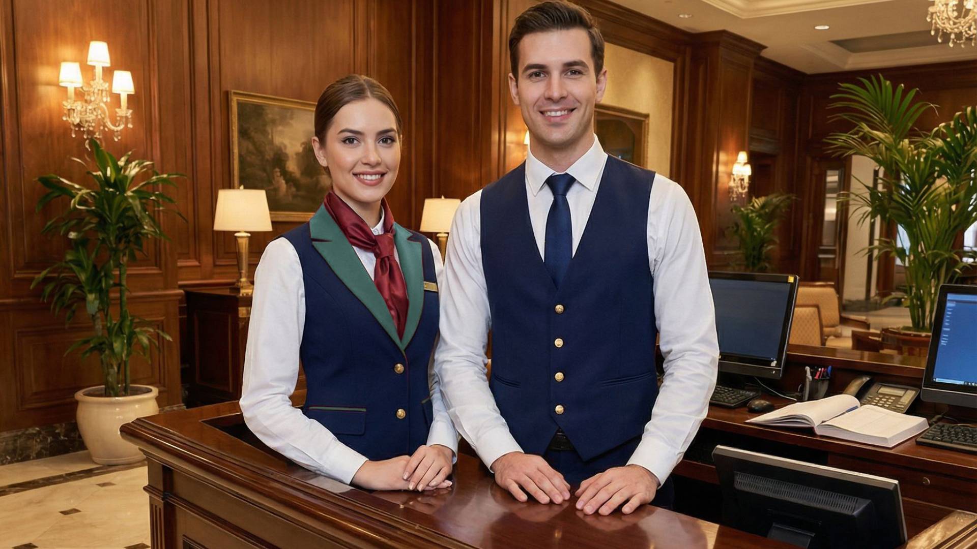 Hotel reception staff wearing Uniforms Fashion tailored hospitality vests at a wood-paneled front desk